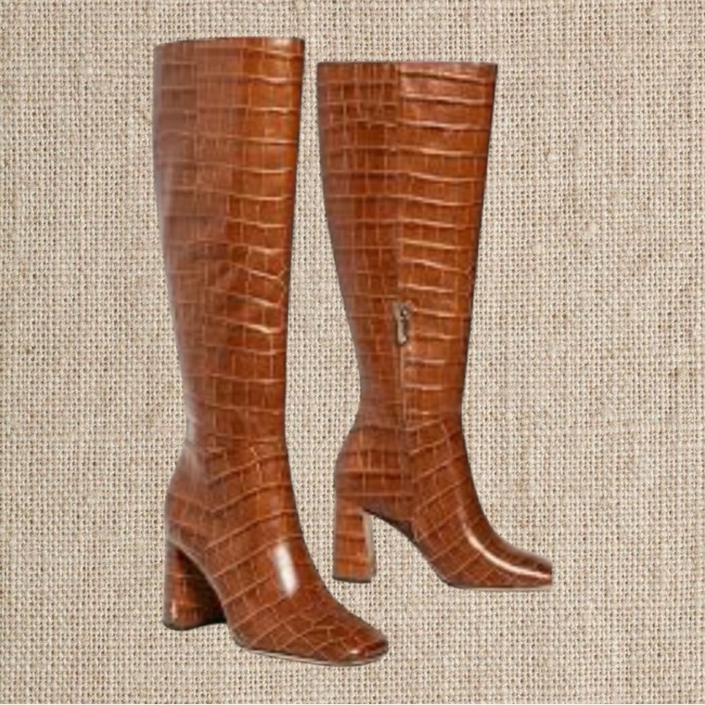 Sam Edelman Tan Croc-Embossed Heeled Boots - Picture 3 of 4